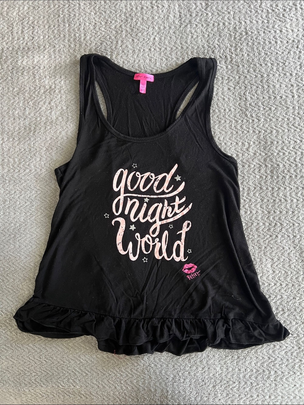 Betsey Johnson Sleepwear Good Night World Ruffle Hem Tank Black & Pink Size S
